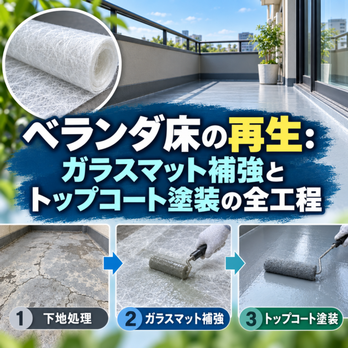 ベランダ床の再生：ガラスマット補強とトップコート塗装の全工程